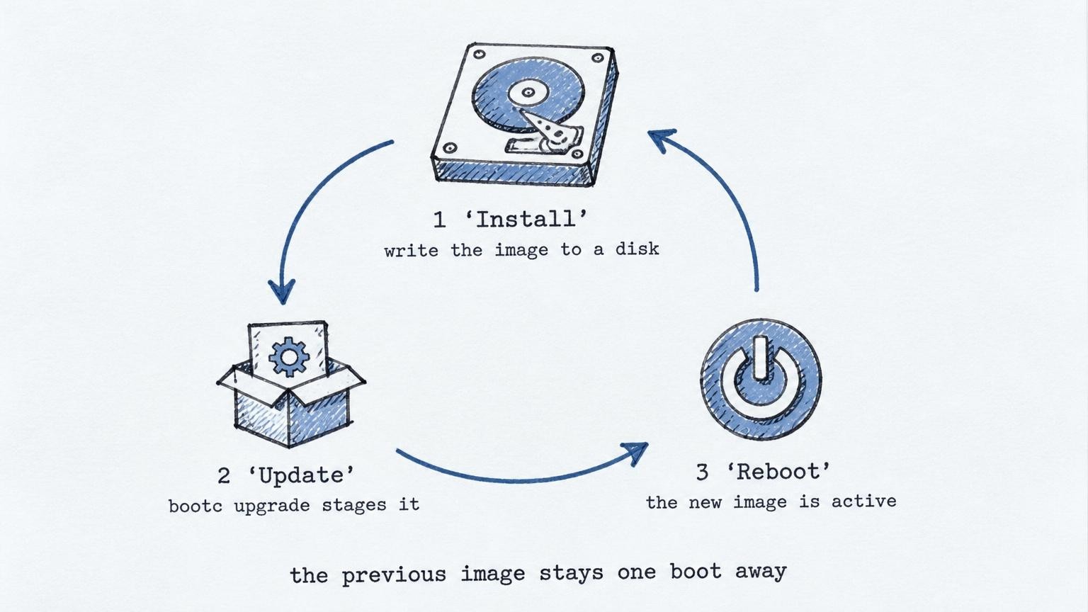 Install, update and reboot: bootc upgrade stages a new image, the reboot activates it, and the previous image stays one boot away