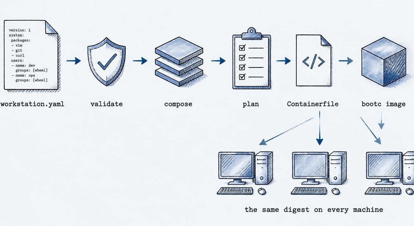 From intent to image: a workstation YAML is validated, composed and planned into a Containerfile, which becomes one bootc image pulled by every machine with the same digest